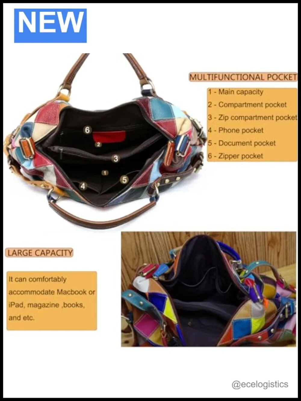 Genuine Leather Multicolor Cube Splicing Satchel Handbag Shoulder Bag with 3